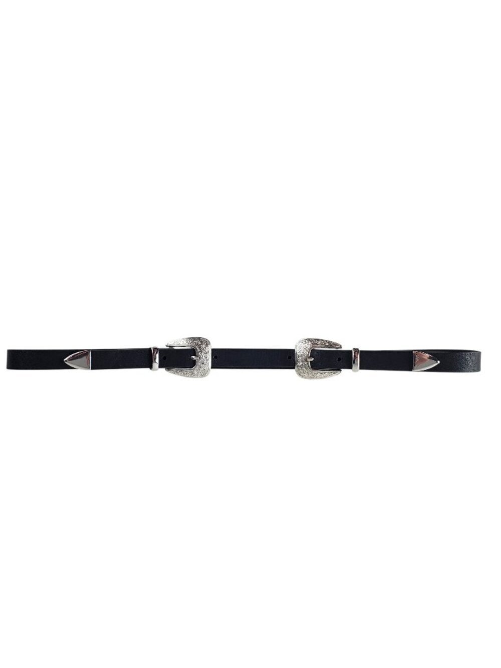 Western Two Buckle Belt Black Silver-Tone Tipped Cowgirl Womens Large Fits 35-39